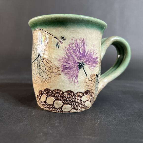 Handmade Stoneware Mug Leaf Motif Dragonfly Thistle Stained Artisan Pottery - Picture 5 of 11
